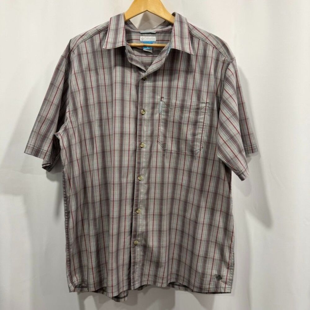 Columbia Mens XXL Plaid Button Up Shirt Gray Red White 640